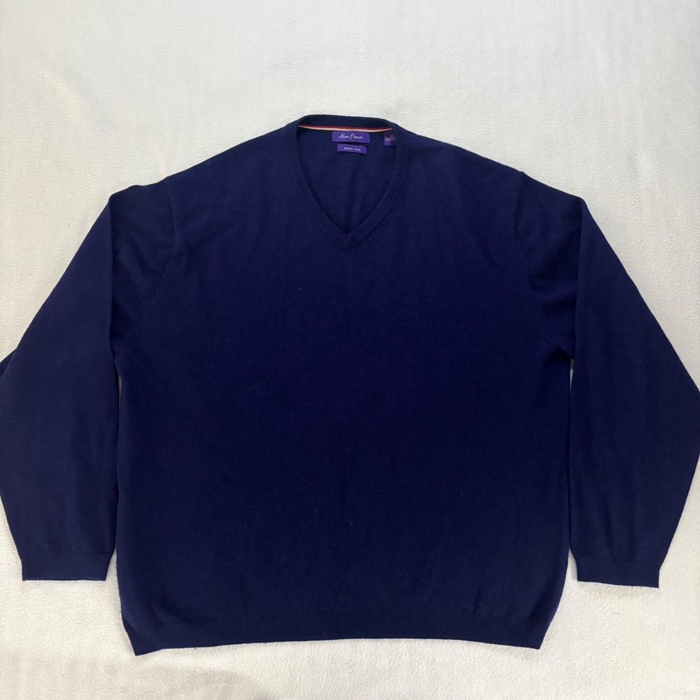 Alan Flusser Mens XL Navy Blue 100% Merino Wool V-Neck Sweater Lightweight Knit